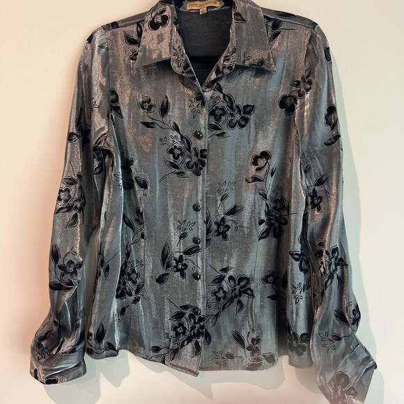 Notations Tops - Notations Gray Metallic Velvet Burnout Floral Button‎ Down Long Sleeve Medium